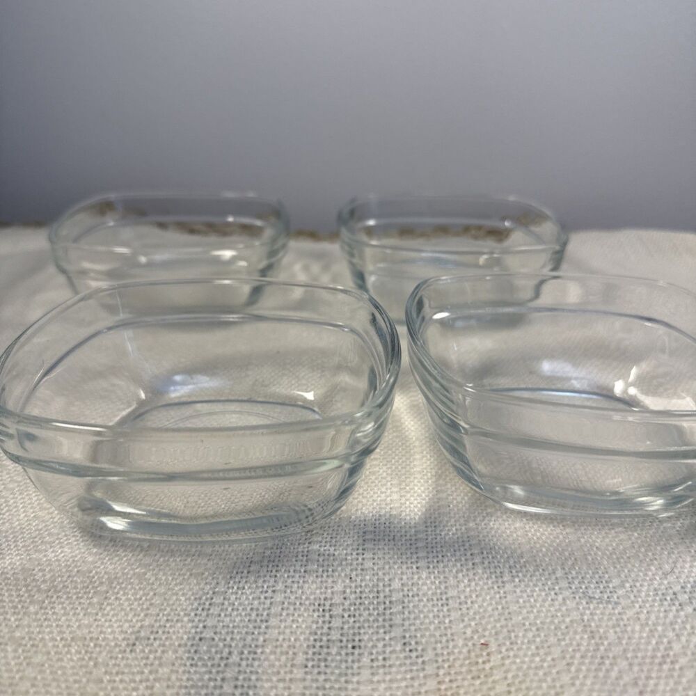 Duralex France Glass Square Bowls 4.5” Set of 4 Dessert Snack Prep Clear